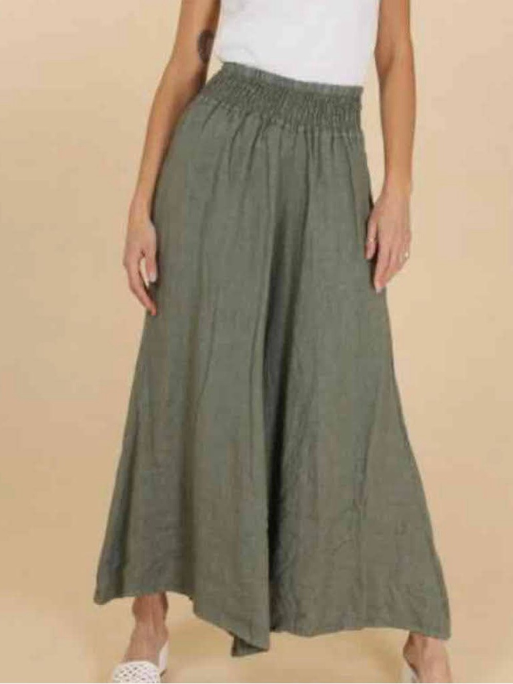 Made In Italy Pure Linen Palazzo Pants In Sage Green - Picture 2 of 15